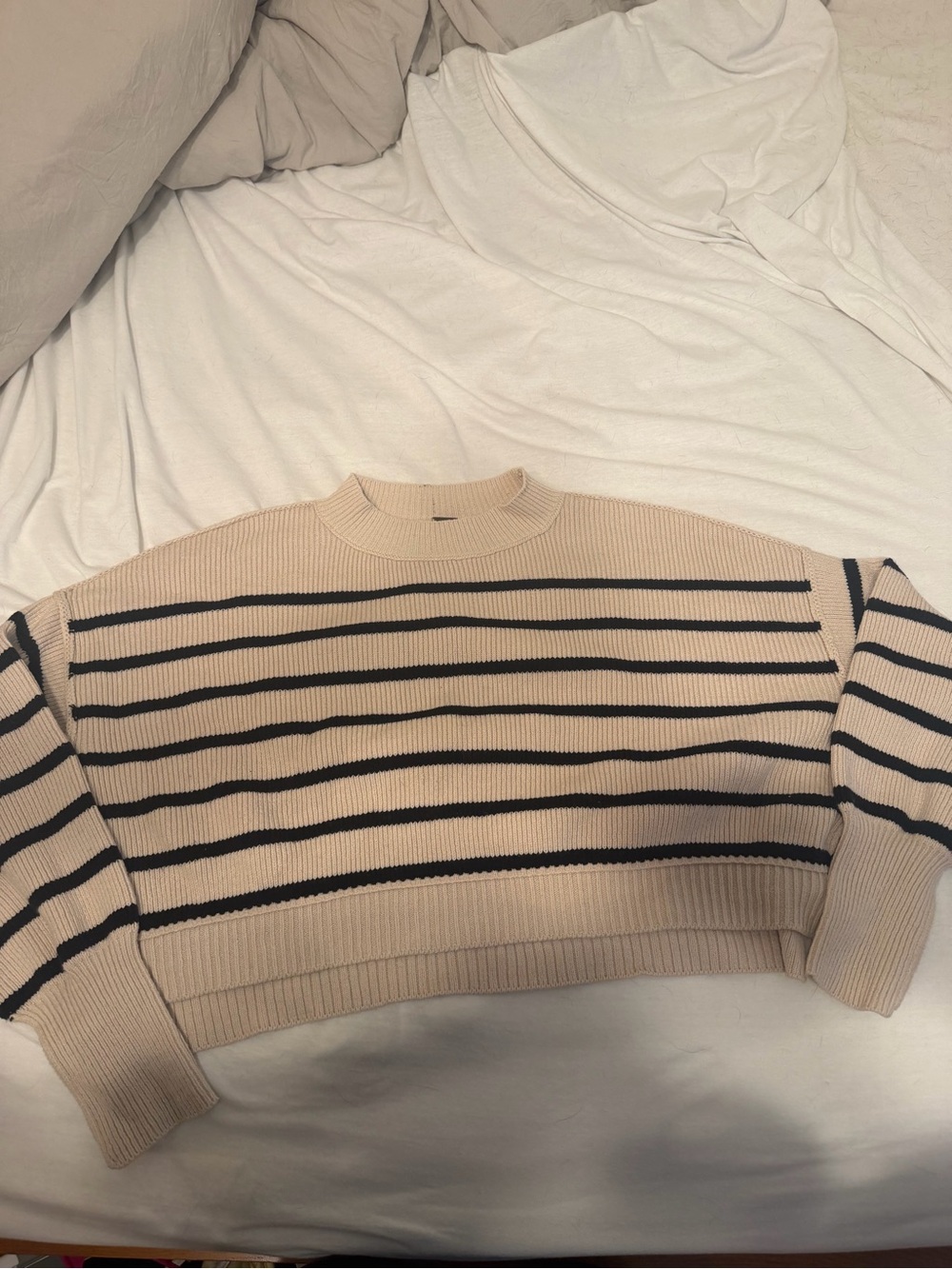 Free People Beige and Black Striped Crewneck Sweater